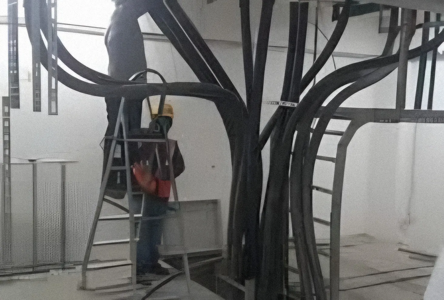 Technician on a ladder carrying out cable termination work