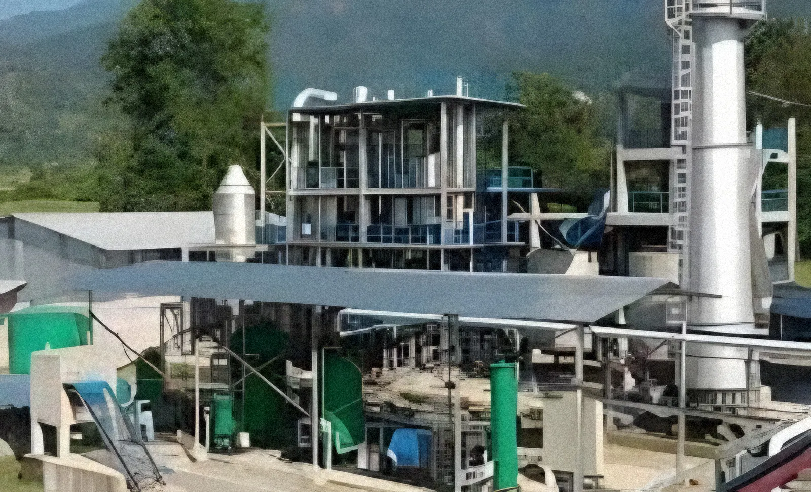 Industrial process plant with structural steelwork and stacks